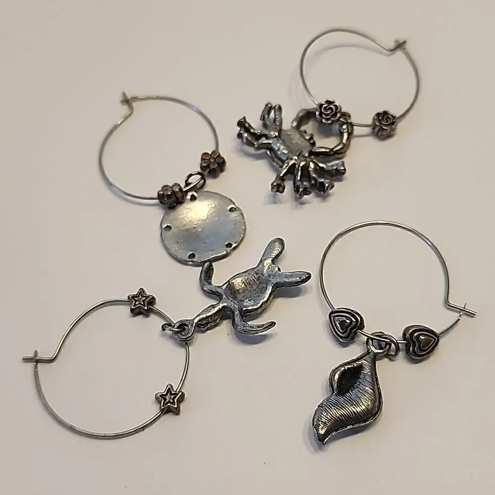 Sea Ocean Wine Glass Charms Theme Turtle Seashell Shell Crab Sand Dollar Silver